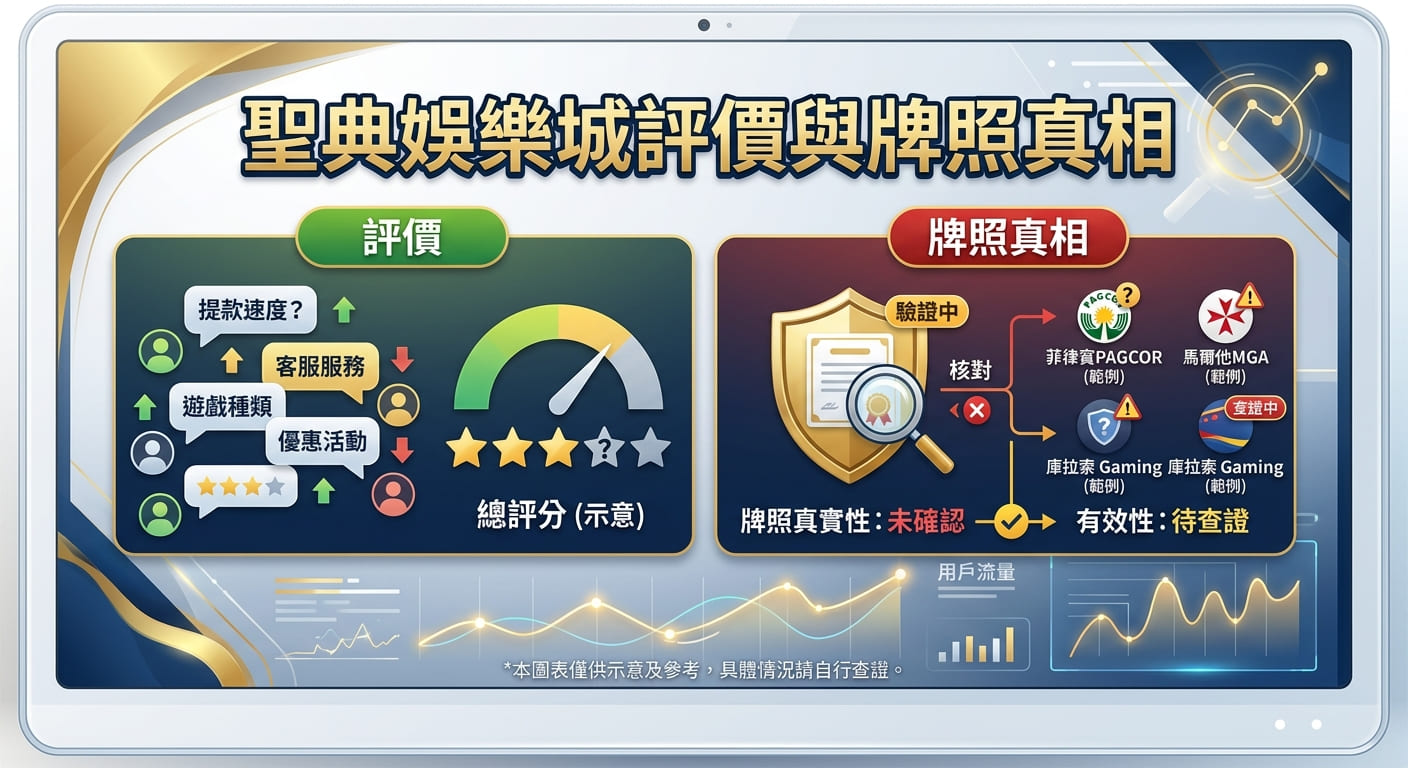 圖中為數位平板螢幕展示的「聖典娛樂城評價與牌照真相」主題圖表，採用藍金質感的科技風格設計。 左側呈現多維度的娛樂城服務評分數值，右側則以放大鏡及查證圖標詳細分析牌照真實性與有效性。