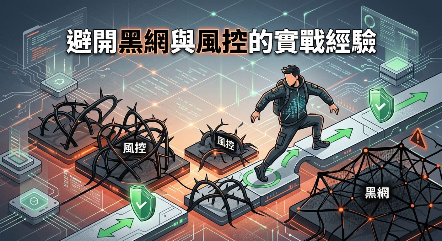 這裡是一張數位科技風格的插圖，畫面中一位人物正在敏捷地跨越帶有「風控」與「黑網」標籤的棘網障礙。 圖像上方標有醒目的標題「避開黑網與風控的實戰經驗」，整體呈現出突破安全管制與風險控管的意象。