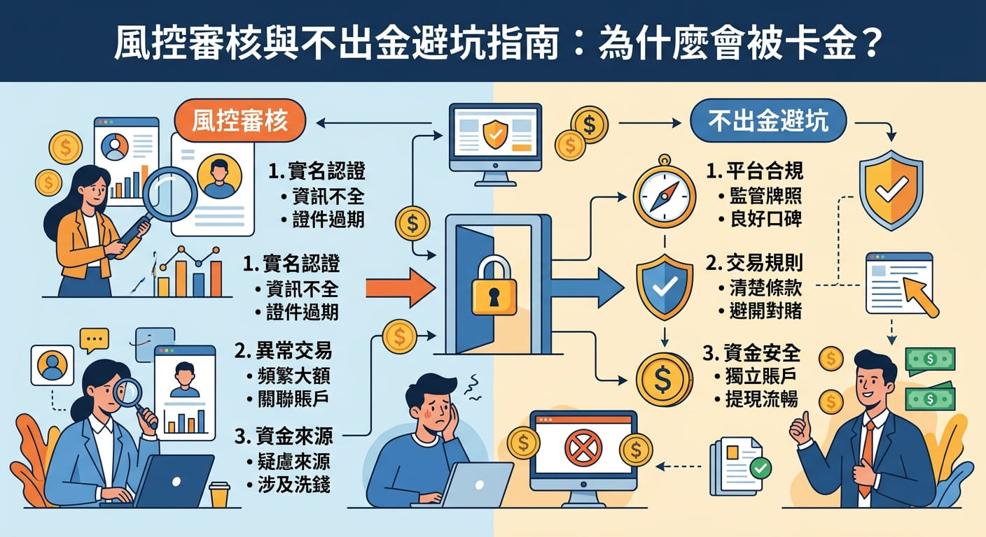 這張圖以清晰的分欄插畫展示風險控制審核與資金出金流程，左側呈現身分認證、異常交易等被卡金的原因。 右側則標示合規監管、交易規則與資金安全等避坑指南，頂部配有中文標題。