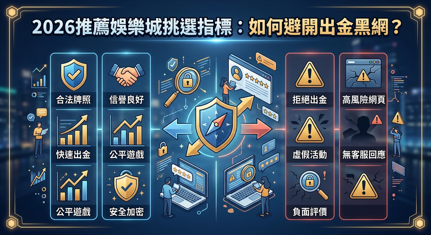 這張圖片的主題是「2026推薦娛樂城挑選指標：如何避開出金黑網？」，並透過圖表展示了安全平台與危險網站的對比與特徵。 畫面中結合了盾牌、圖表與警告標誌，用以突顯選擇合法牌照與防範詐騙風險的重要性。