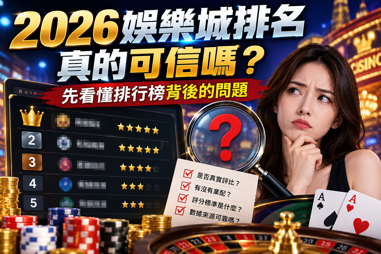 圖片以娛樂城排行榜與疑惑表情的人物為主視覺，呈現2026娛樂城排名的可信度爭議與潛在風險。 透過放大鏡、評分星級及檢查清單，提醒玩家留意業配合作、評分標準與資料來源，避免誤信不實排名。