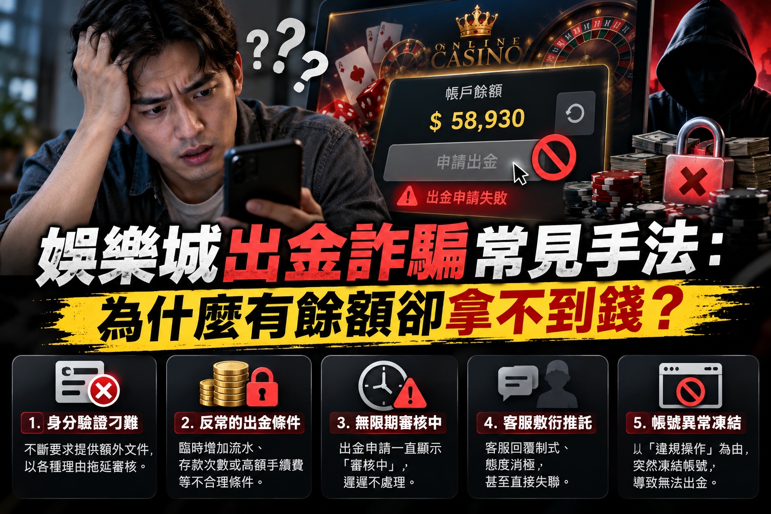 圖片呈現娛樂城玩家帳戶仍有餘額，卻因出金申請失敗而無法提款的情境，揭露常見的出金詐騙風險。 透過身分驗證刁難、不合理提款條件、無限期審核、客服推託及帳號凍結五大手法，提醒玩家提高警覺並防範詐騙。